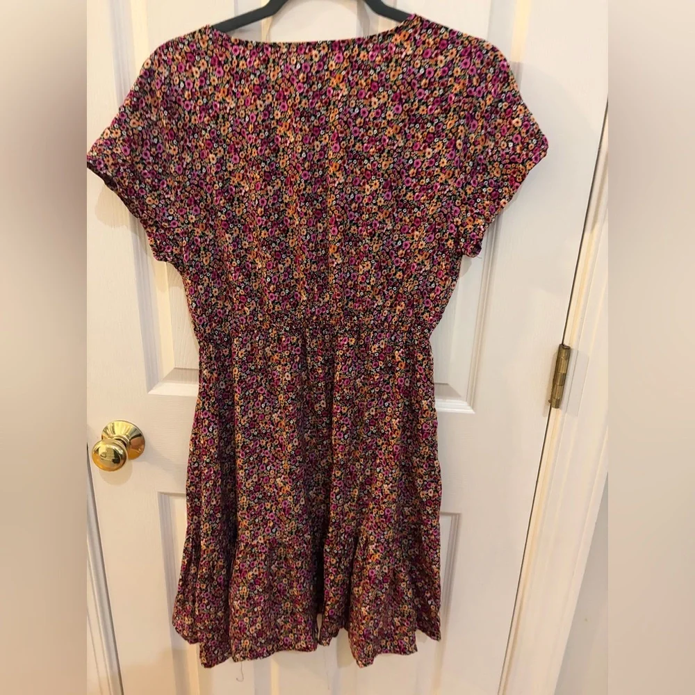 Passport Floral Mini Dress Size L Boho Cottagecore Rayon Pink Orange Black - Picture 5 of 8
